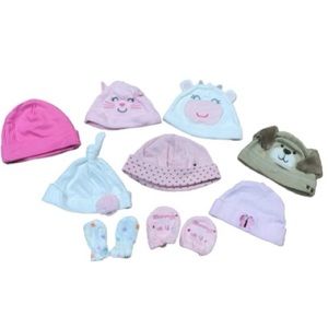Bundle of Newborn Baby Girls 7 Piece Hat & 2 Mittens Set